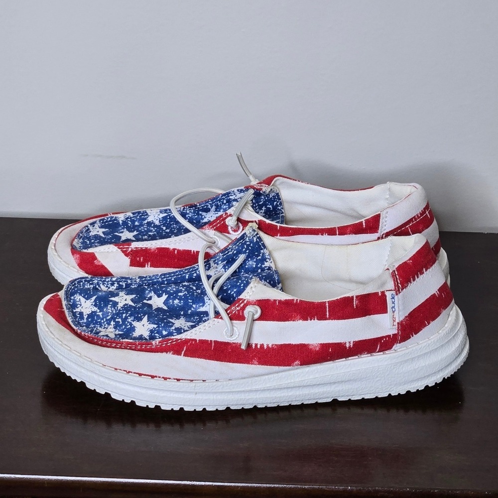 Hey Dude Wendy Youth Star Spangled Shoes Size Y2 Red White Blue Flag